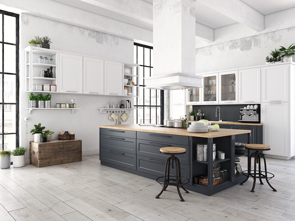 Bright, modern kitchen with a dark island and open shelving